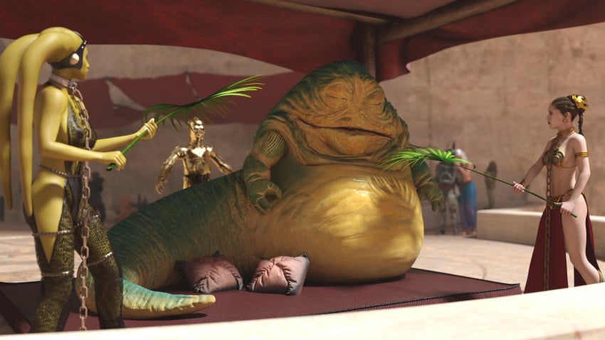 3d 3girls alexbridger belly_dancer belly_dancer_outfit blue_hair boba_fett boots braided_hair brown_eyes brown_hair c-3po enslaved_royal falling_asleep fanning fanning_slave femsub fishnets green_skin harem harem_girl harem_outfit harem_pants hutt jabba's_palace jabba_the_hutt jess_(star_wars) large_breasts loincloth long_hair multicolored_hair oola princess_leia_organa sandals star_wars submissive_female twi'lek white_hair