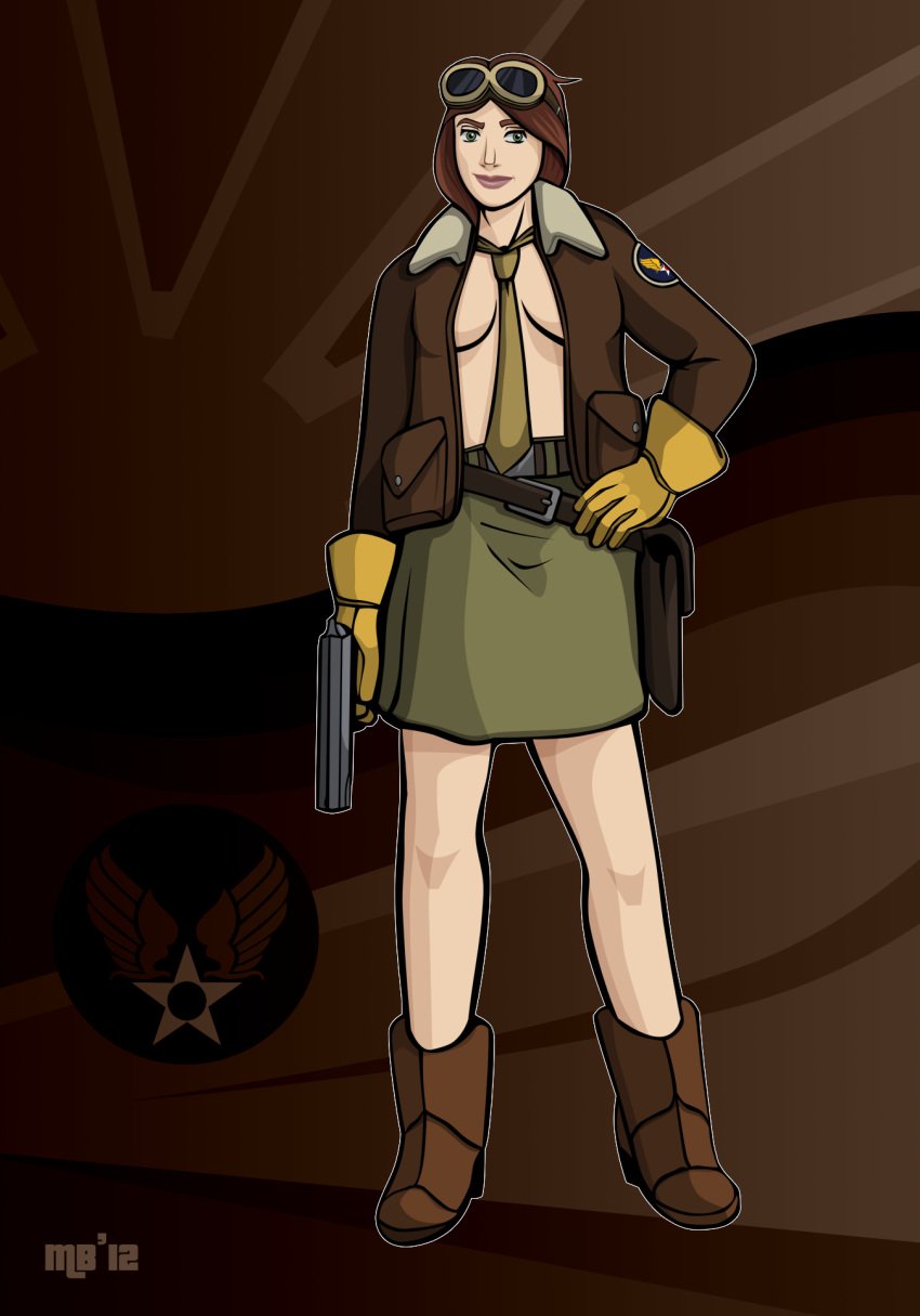 angry_birds beige_skin boots breasts brown_hair color eyewear female female_only footwear front_view gloves goggles green_eyes gun hair human jacket looking_at_viewer mighty_eagle necktie open_clothes pistol rule_63 skirt solo standing weapon