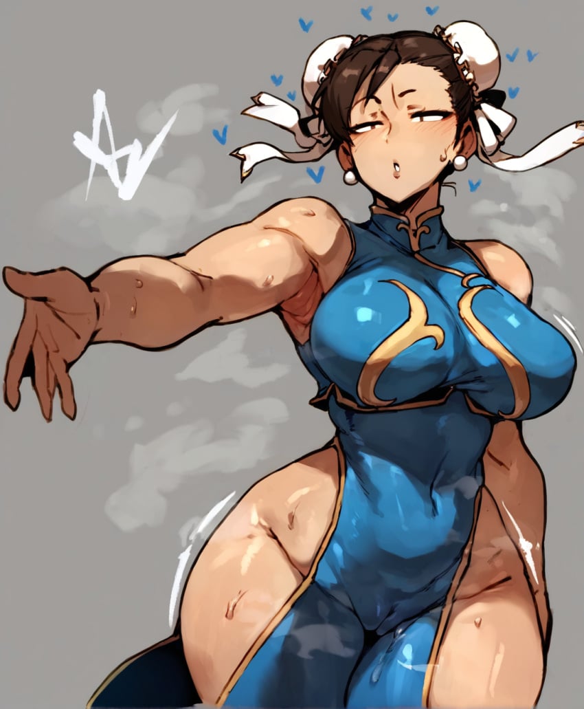 1girl, adapted ai_generated background, blue blush, body, breasts, brown bun bun, cameltoe, china chinese chun-li clothes, costume cover, covered double dress, earrings, grey hair hair, heart, hips, jewelry, large navel, simple sleeveless, solo, steaming street_fighter sweat, thick thighs, wide