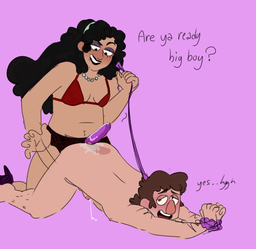 1boy 1girls bent_over cuffs dark_hair gravity_falls headband heels leash leash_pull long_hair oc pearl_necklace pegging precum red_bra stanley_pines strap-on