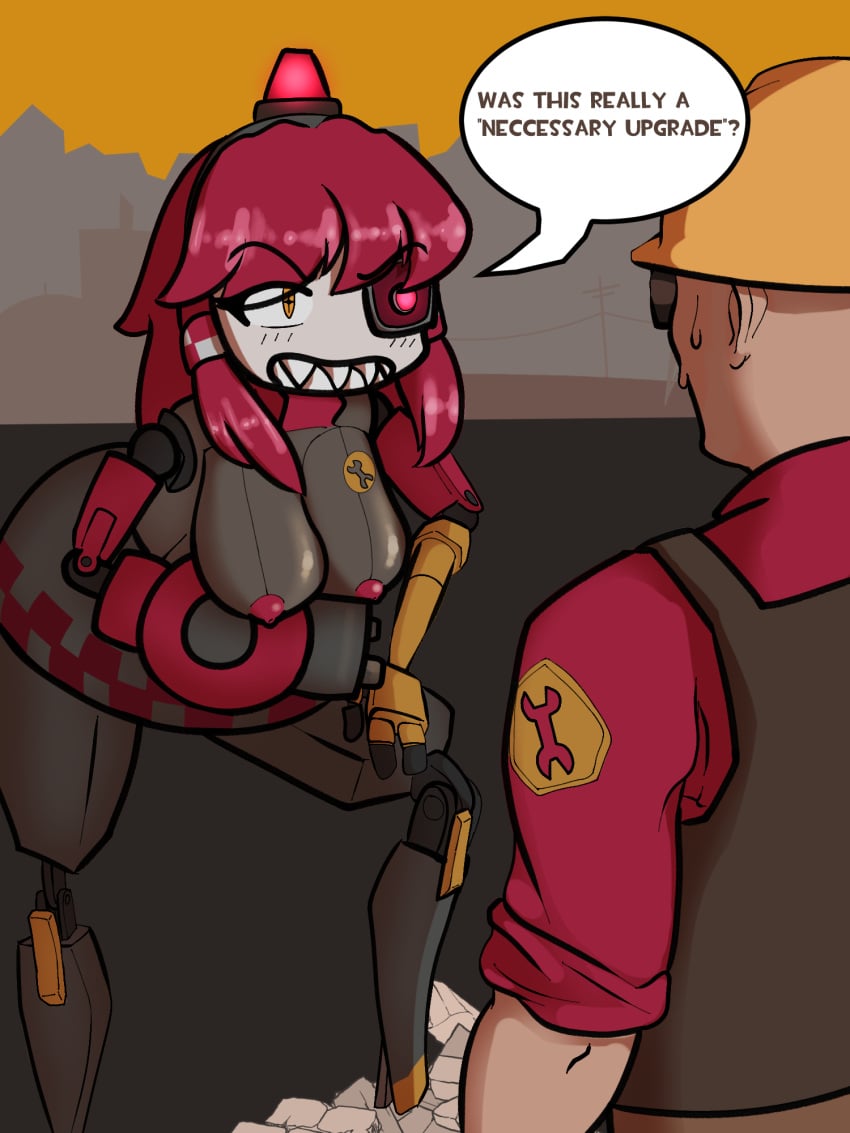 angry_face annoyed annoyed_expression big_breasts engineer_(team_fortress_2) etor3c exposed_breasts leaning_forward machine_girl mimi_sentry mini_sentry orange_eyes presenting_breasts red_hair robot_girl sentry_(team_fortress_2) showing_breasts upset