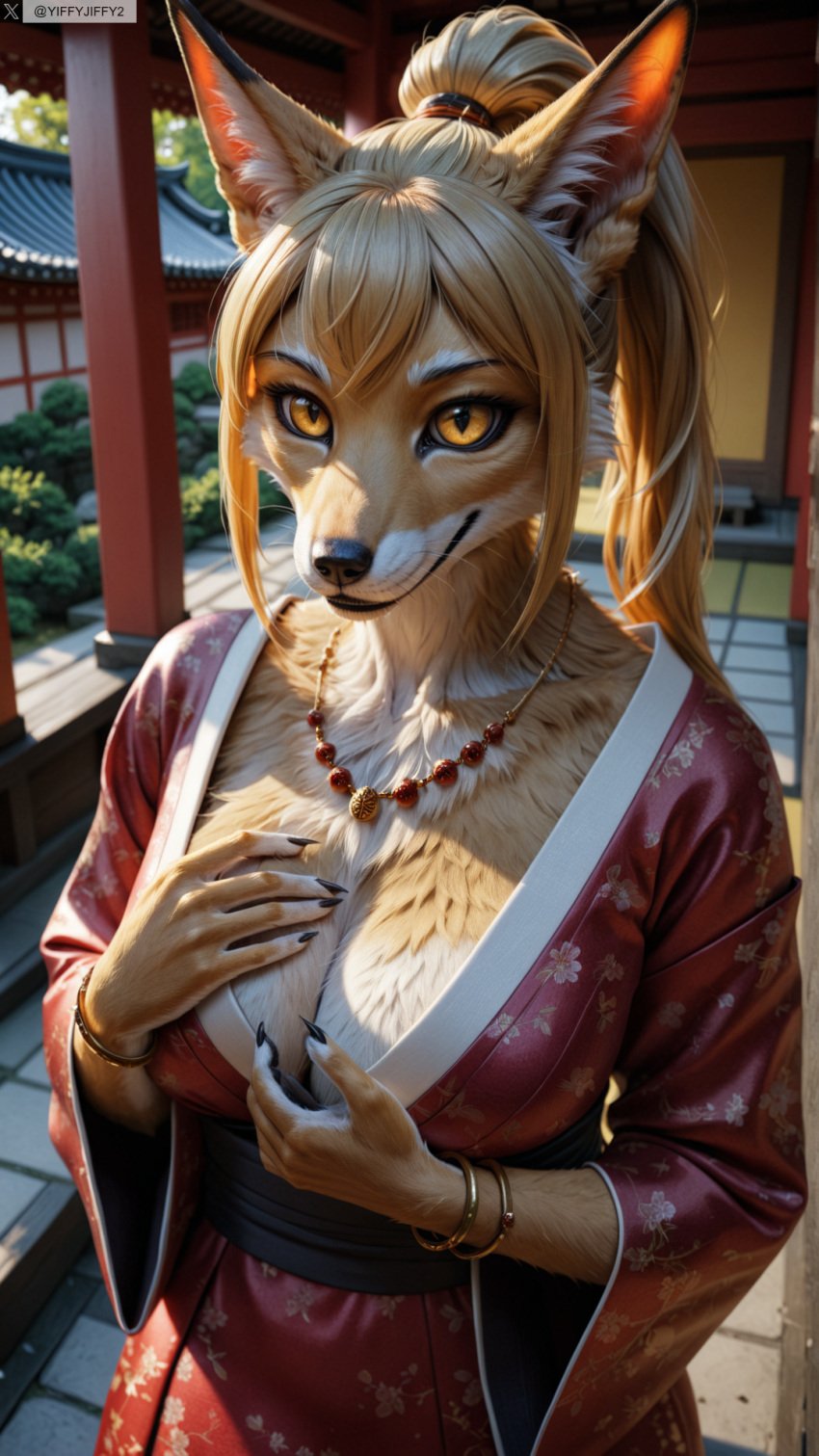 ai_generated animal_ears anthro artist_name blonde_hair breasts female female_anthro furry furry_female hi_res high_resolution highres japanese_clothes jewelry kimono looking_at_viewer necklace photorealistic ponytail realistic solo stable_diffusion twitter twitter_username watermark yiffyjiffy2 yiffyjiffy69