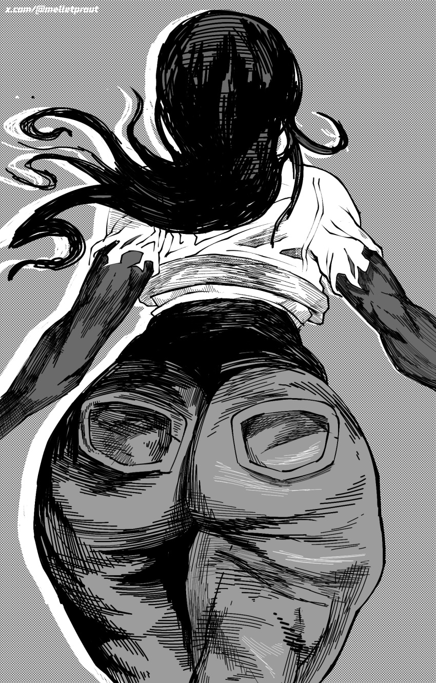 2d 2d_(artwork) back_view big_ass big_butt big_thighs black_and_white black_hair black_pants bubble_butt chainsaw_man child_bearing_hips curvy fat_ass fat_butt hatching_(art) hi_res huge_ass huge_cock huge_thighs jeans manga melletprout monochrome pants simple_background tagme thick_ass thick_legs thick_thighs venus_body voluptuous wide_hips yoru_(chainsaw_man)