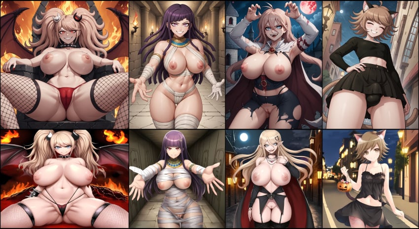 1boy 3girls ai_generated big_breasts bulge catboy danganronpa danganronpa:_trigger_happy_havoc danganronpa_2:_goodbye_despair danganronpa_v3 devil_horns femboy fishnets fujisaki_chihiro halloween halloween_costume hell huge_breasts iruma_miu junko_enoshima large_breasts midriff miniskirt mummy mummy_costume n.c.b_ai stable_diffusion throne topless tsumiki_mikan vagina vampire_costume vampire_girl