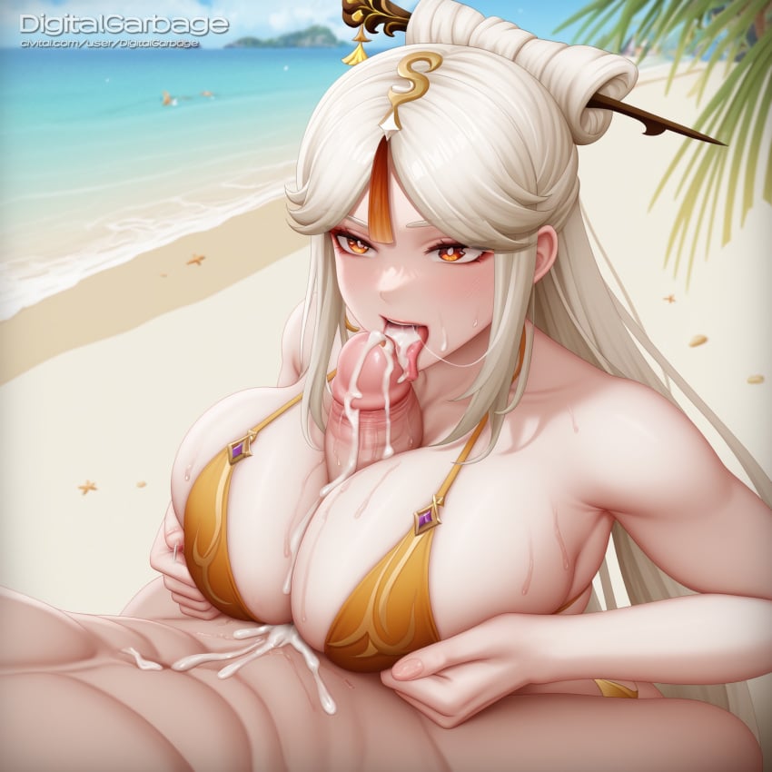 1boy aether_(genshin_impact) ai_generated beach big_breasts bikini breast_grab breasts_squeezed_together cum cum_string cumdrip digitalgarbage female from_above genshin_impact huge_cock licking_penis looking_at_another ningguang_(genshin_impact) ocean open_mouth paizuri pov sand sex straight tongue_out water watermark