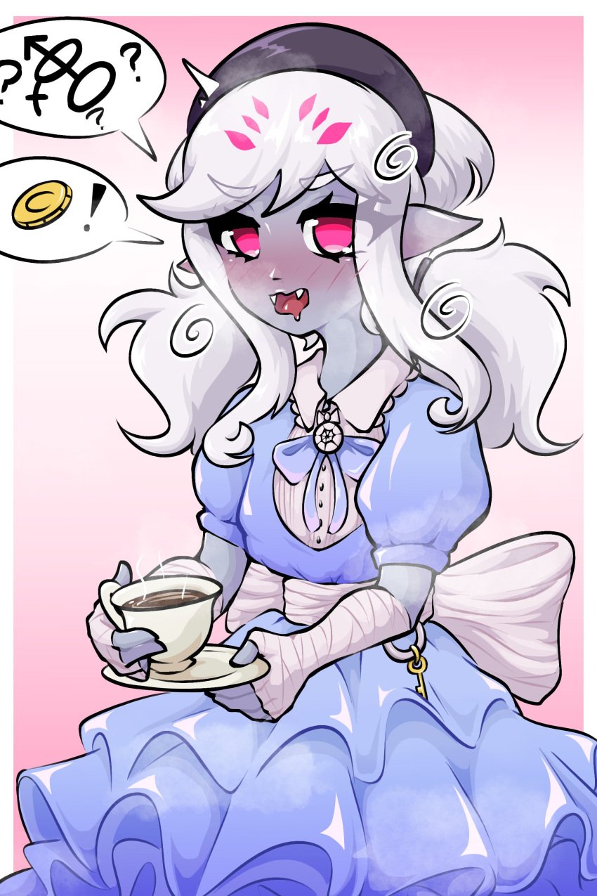 absurdres arachne arachnid arachnid_humanoid arachnid_taur blush busujimabibi caloart30 clothed clothed_female coffee coffee_cup drider drow drunk fangs fangs_out female grey_skin highres indie_virtual_youtuber interlocked_mars_and_venus_symbols lolita_fashion mars_symbol multi_eye open_mouth purple_eyes speech speech_bubble speech_bubbles spider spider_girl spider_web straight venus_symbol virtual_youtuber vtuber vtuberfanart white_hair