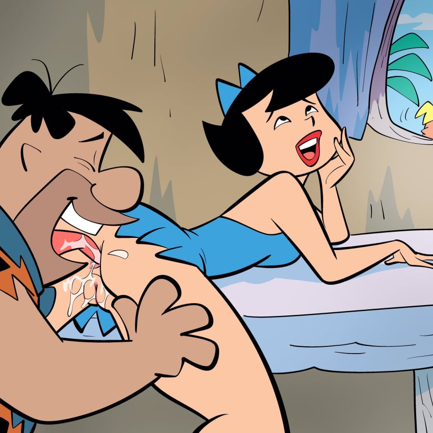 1boy 1girls accurate_art_style anilingus anus ass barely_visible_character barney_rubble betty_rubble black_hair blue_dress both_cheating caveman cavewoman cheating cheating_husband cheating_wife clothing duo eating_ass female fred_flintstone hanna-barbera human indoors licking_anus lipstick male male/female markkleanup open_mouth pussy saliva straight table the_flintstones tongue tongue_out window