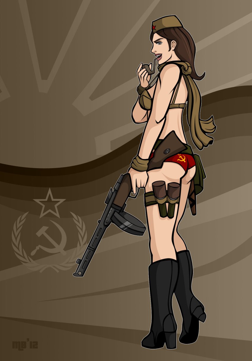 angry_birds ass beige_skin boots breasts brown_hair color female female_only footwear grenade grey_eyes gun hair hammer_and_sickle hat high_heel_boots human open_eyes pipe ppsh_41 rule_63 scarf side_view skimpy_clothes solo standing weapon