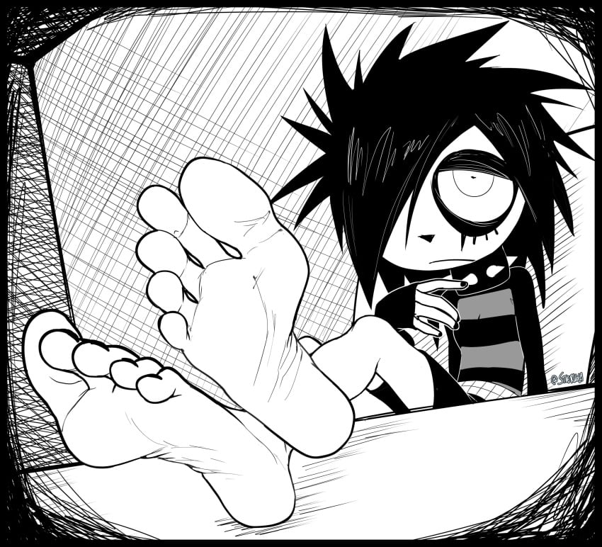 1girls black_and_white choker feet female foot_fetish foot_focus goth i_can&#039;t_sleep monochrome nia_(i_can&#039;t_sleep) pale_skin staerk