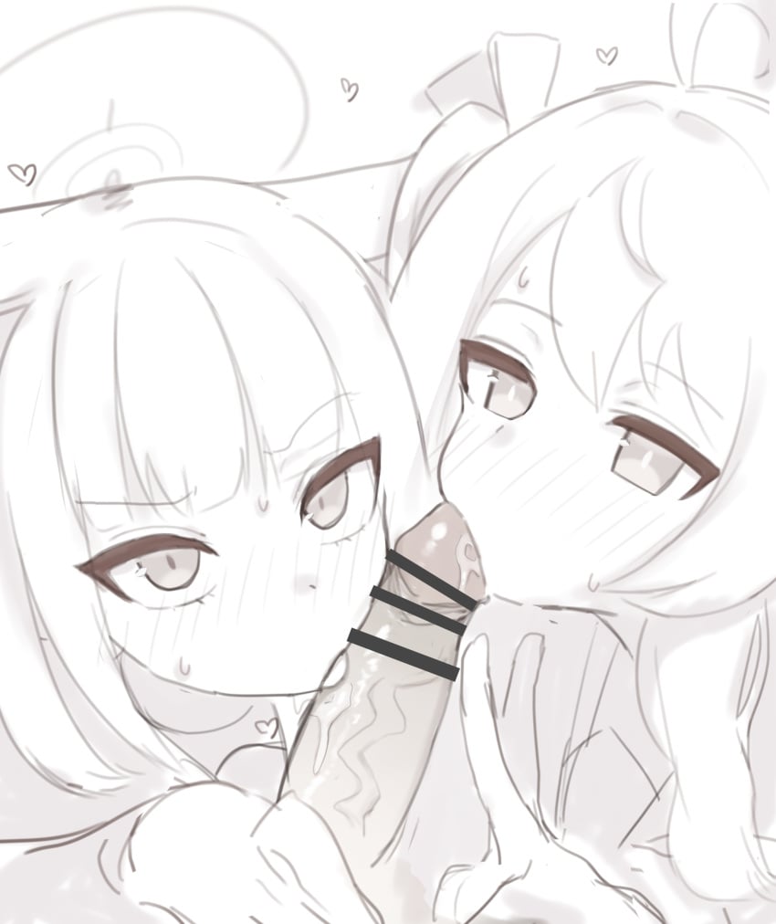 2girls absurdres ahoge animal_ears bar_censor blue_archive blush censored close-up commentary_request fellatio greyscale halo heart highres kazusa_(blue_archive) licking licking_penis m2yu monochrome multiple_girls natsu_(blue_archive) oral penis sidelocks simple_background sweat v white_background