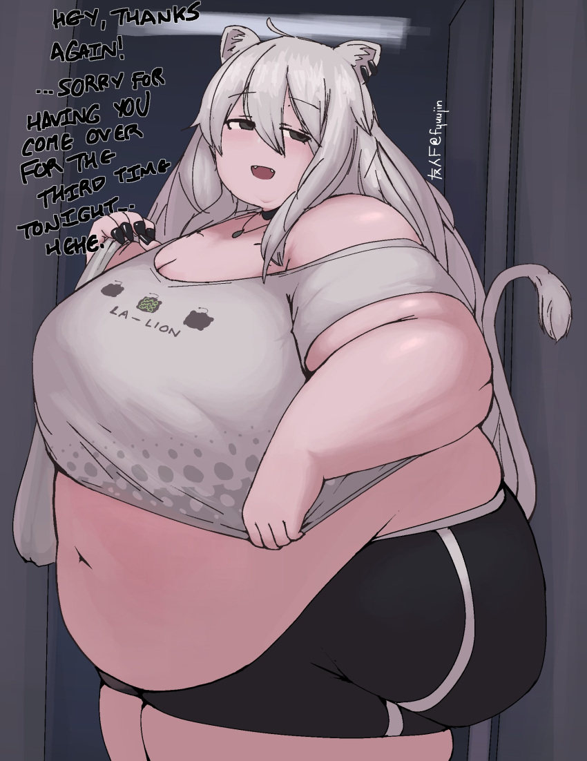 bbw belly belly_overhang big_belly dialogue english_text fat female fyuujin hololive huge_belly indoors inside light-skinned_female light_skin long_hair looking_at_viewer midriff obese obese_female overweight overweight_female shishiro_botan solo solo_female stuffed_belly talking_to_viewer thick_arms thick_thighs virtual_youtuber weight_gain