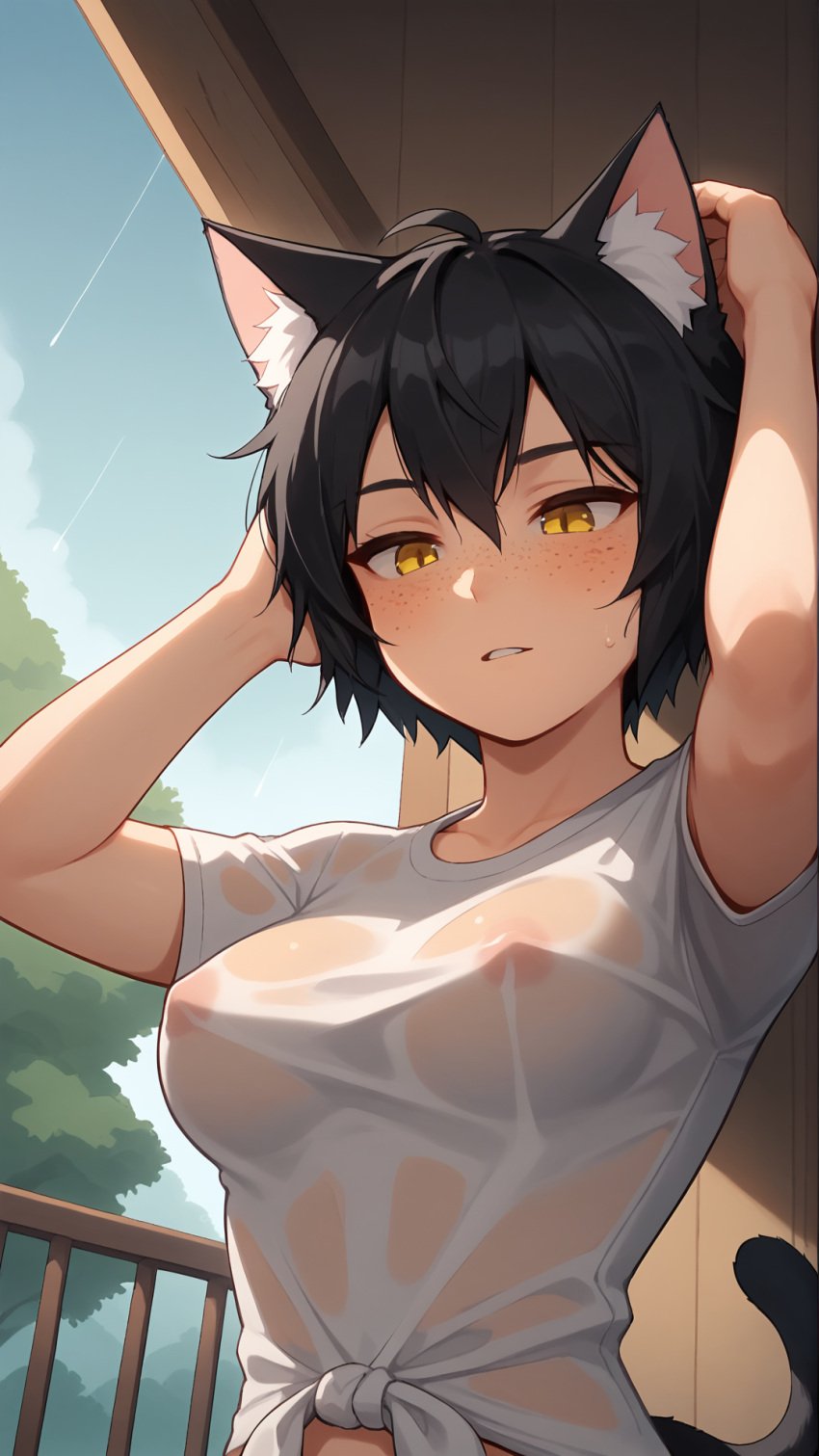 ai_generated arms_up bangs bankonit black_hair blush cat_ears catgirl freckles freckles_on_breasts freckles_on_face freckles_on_shoulders hands_in_hair looking_down medium_breasts nipples nipples_visible_through_clothing original_character outdoors short_hair smile solo stable_diffusion tail tied_shirt wet wet_shirt yellow_eyes