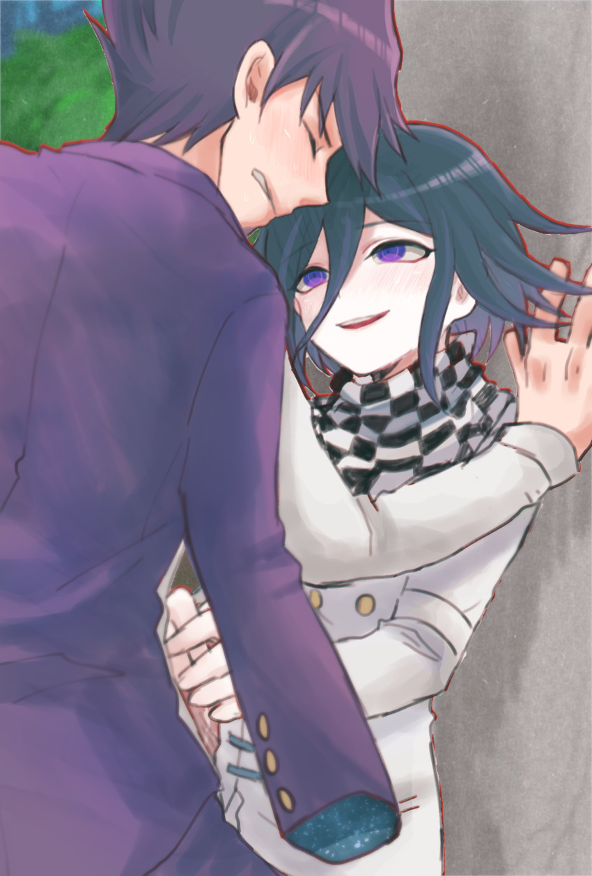 2boys against_wall arm_belt arm_out_of_sleeve black_hair blush buttons checkered_clothes checkered_scarf clenched_teeth closed_eyes danganronpa_(series) danganronpa_v3:_killing_harmony erection flipped_hair hair_between_eyes handjob height_difference highres jacket kaito_momota kawati light_blush long_sleeves looking_at_another male_focus multiple_boys oma_kokichi open_mouth ouma_kokichi outdoors outline penis profile public_indecency purple_eyes purple_hair purple_jacket red_outline ringed_eyes scarf shirt short_hair skinny smile space_print spiked_hair standing starry_sky_print straitjacket teeth two-sided_fabric two-tone_scarf upper_body white_shirt yaoi young