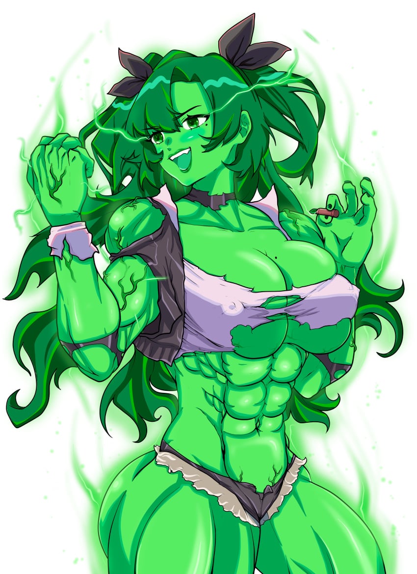 cleavage darling-sama green_eyes green_hair green_skin marvel marvel_comics mole_on_breast muscular nicole_demara ripped_clothing she-hulk toned transformation zenless_zone_zero