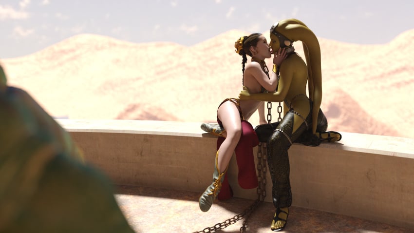 2girls alexbridger belly_dancer belly_dancer_outfit boots braided_hair brown_hair chain_leash chained femsub french_kiss green_skin harem harem_girl harem_outfit jabba's_palace jabba_the_hutt kissing loincloth long_hair oola princess_leia_organa sandals slave slave_bikini slave_collar slave_leia slave_outfit slavegirl star_wars submissive_female twi'lek yuri yuri