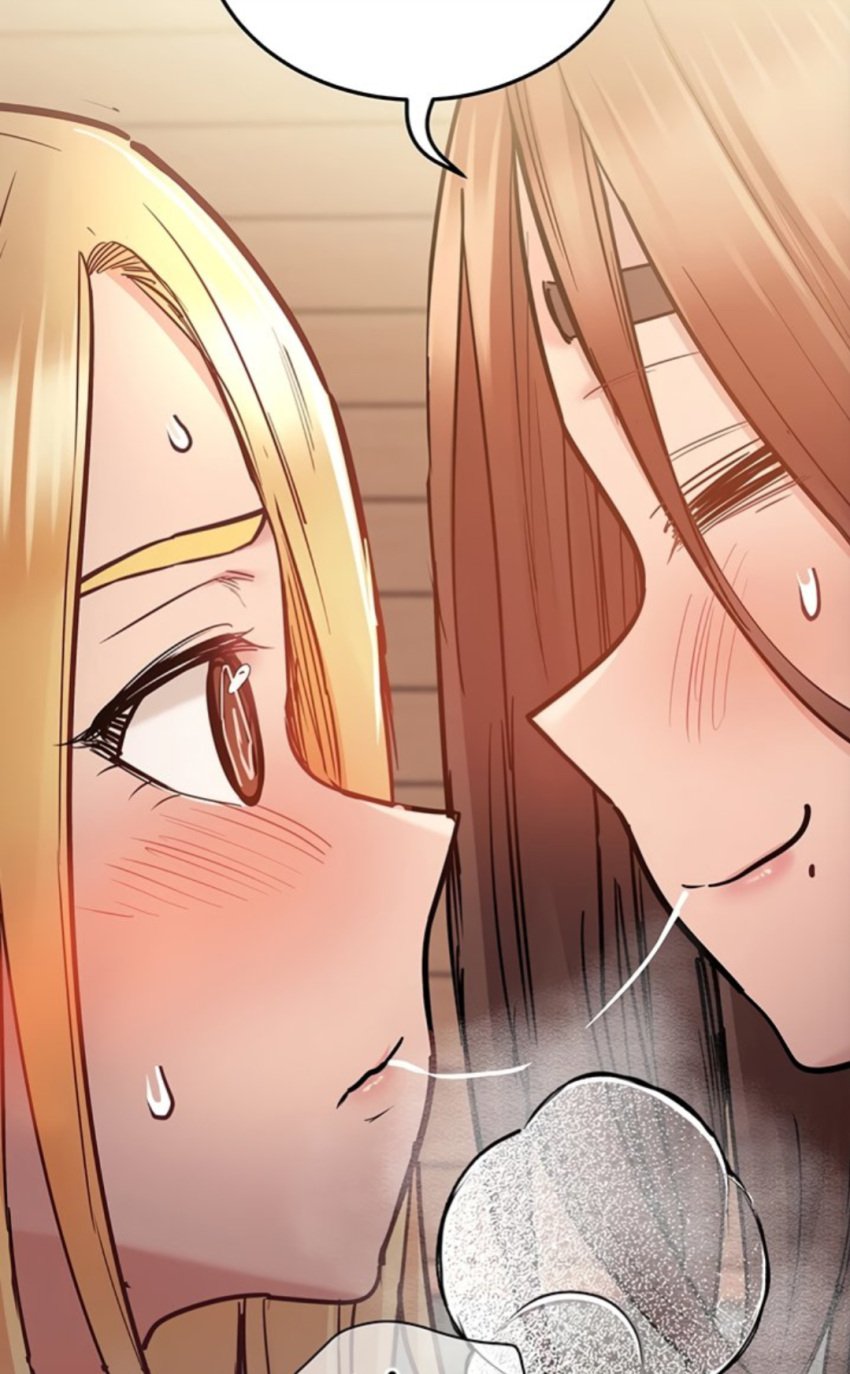 blonde_hair blush brown_eyes brown_hair closed_eyes daughter keep_it_a_secret_from_your_mother kissing mother mother_and_daughter na-yeon saliva saliva_trail smile webtoon yeon-ah yuri