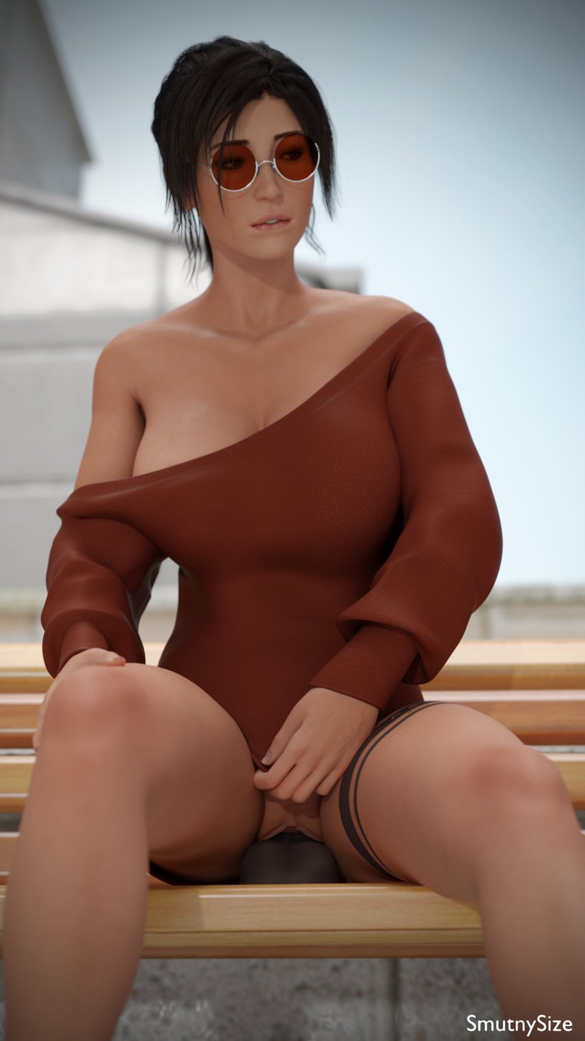 3d ass big_breasts breasts brown_eyes brown_hair bubble_butt busty dildo dildo_in_pussy dildo_sitting dress female female_focus female_only going_commando high_heels hourglass_figure lara_croft lara_croft_(survivor) large_breasts long_hair no_panties ponytail public public_exposure public_indecency sitting smutnysize sunglasses sweater_dress tagme tattoo tinted_eyewear tomb_raider tomb_raider_(survivor) wide_hips