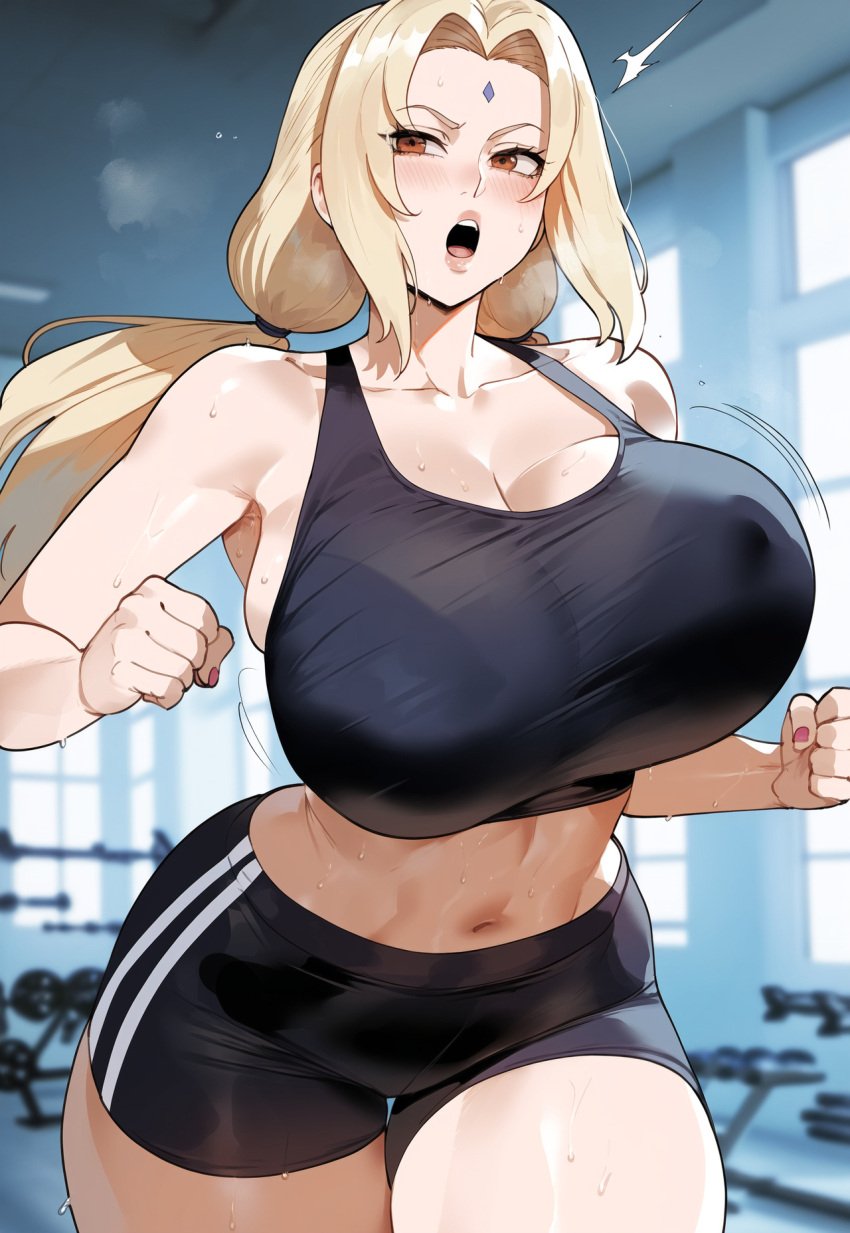 ai_generated black_shorts blonde_hair bouncing_breasts breasts_bigger_than_head brown_eyes cleavage creamy_ai curvy forehead_mark gym gym_shorts huge_breasts mature_female narrow_waist naruto naruto_(series) naruto_shippuden running short_shorts shorts sports_bra thick_thighs tsunade unaligned_breasts wide_hips