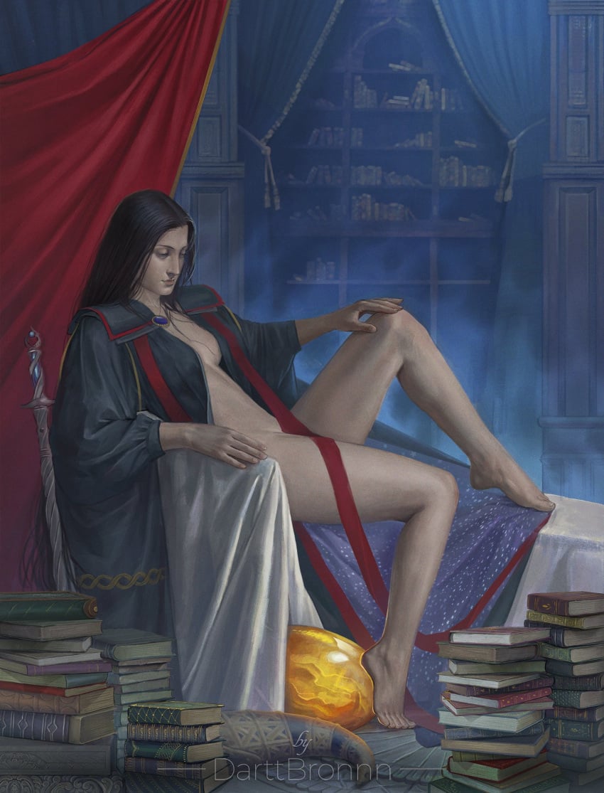 bare_legs bare_thighs barefoot belly_button black_hair breasts darttbronnn elden_ring feet leg_up legs_apart long_hair long_sleeves milf nude nude_female open_shirt rennala_queen_of_the_full_moon side_view sitting thick_thighs