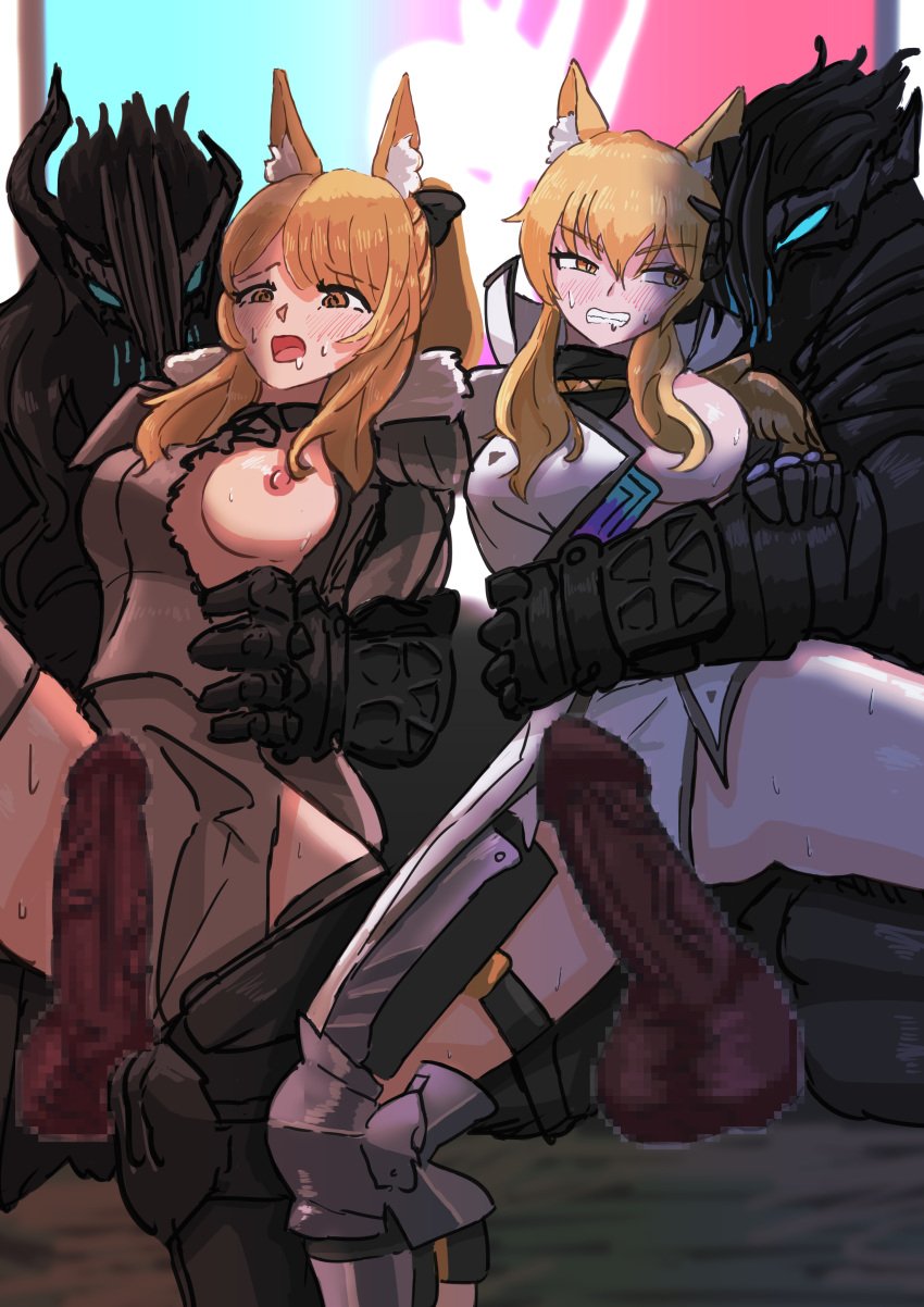 2boys 2girls arknights artist_request blemishine_(arknights) group_rape group_sex imminent_rape large_breasts medium_breasts nearl_(arknights) torn_clothes