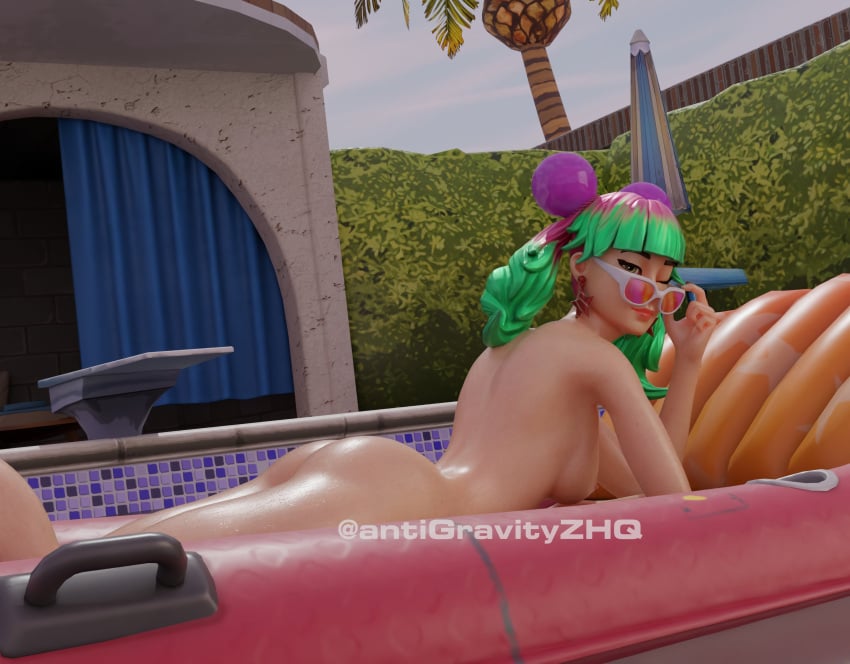 1girls 3d antigravityzhq ass earrings eyewear female female_only fortnite fortnite:_battle_royale laying_on_stomach lipstick looking_at_viewer multicolored_hair nude nude_female pool solo solo_female tagme tropical_punch_zoey wink zoey_(fortnite)