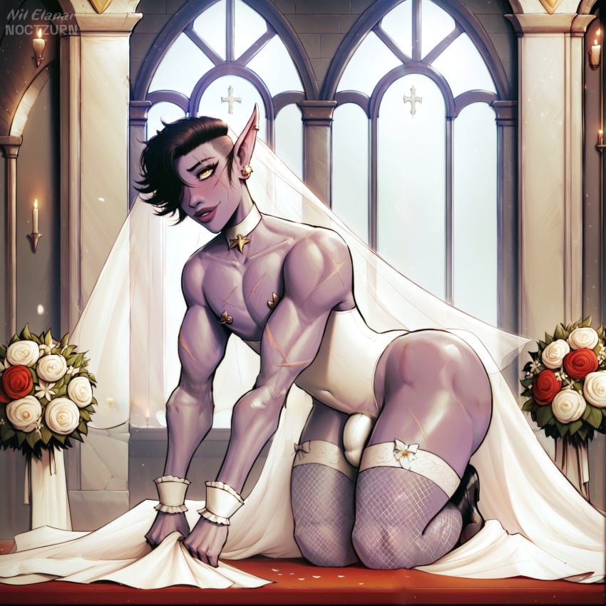 ai_generated balls big_ass dark_hair devil_hs_(copied_style) drow elf elf_femboy elf_male fantasy femboy fishnets flower girly golden_eyes male nil_elanar(oc) noctzurn on_all_fours piercing pointy_ears purple_skin scar tights wedding_dress