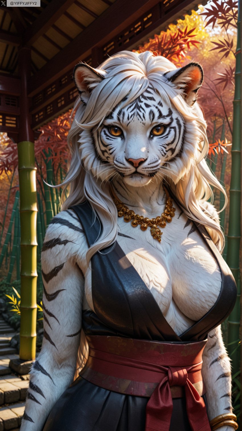 ai_generated animal_ears anthro artist_name breasts female female_anthro furry furry_female hi_res high_resolution highres jewelry large_breasts long_hair looking_at_viewer necklace orange_fur photorealistic realistic sash snout solo stable_diffusion tiger tiger_ears tiger_girl twitter twitter_username watermark white_hair yiffyjiffy2 yiffyjiffy69