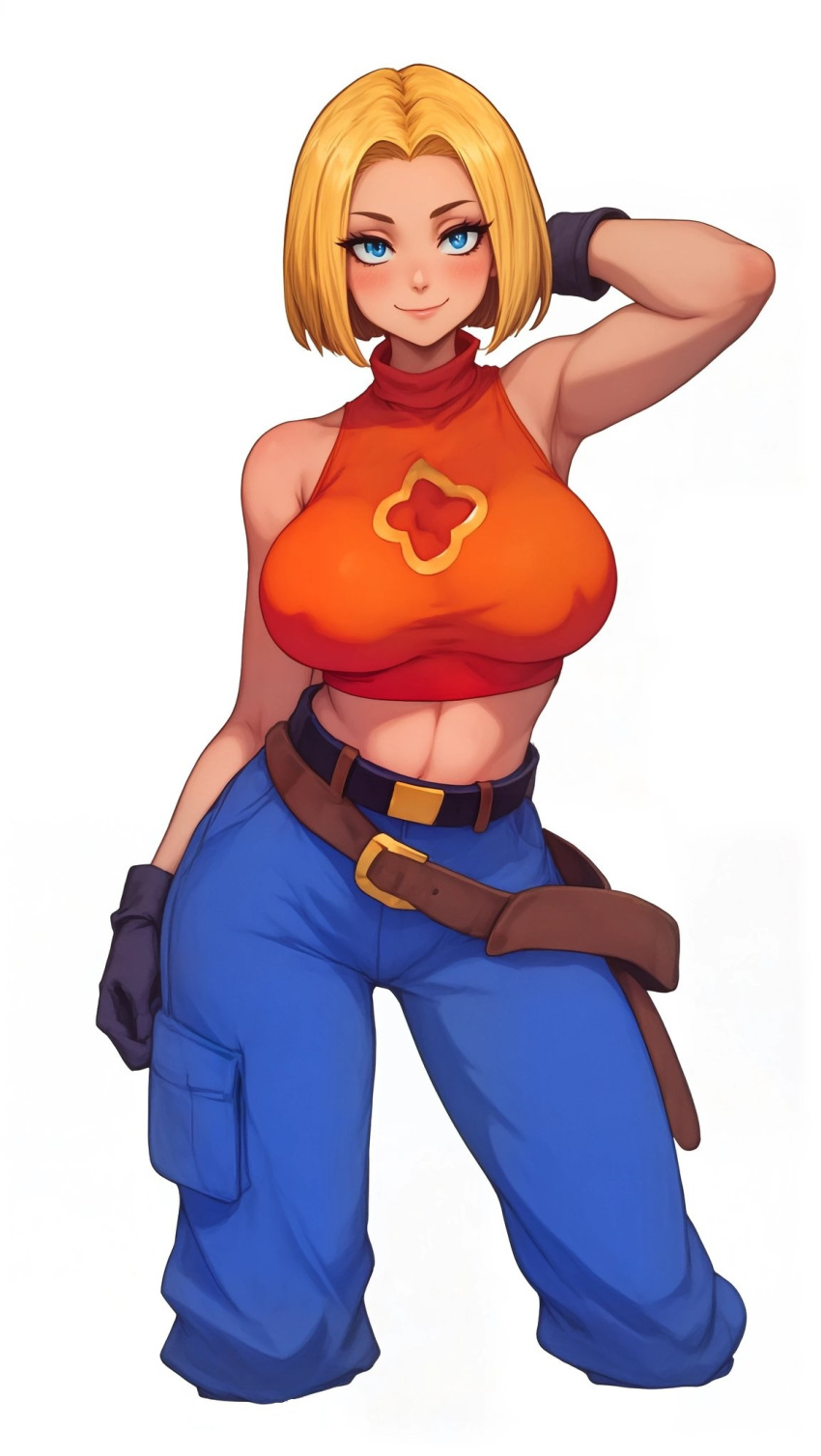 1girls ai_generated belt big_breasts blonde_hair blue_eyes blue_mary blushing_at_viewer breasts busty clothed female gloves jeans king_of_fighters light-skinned_female light_skin looking_at_viewer nipple_bulge pants red_tank_top red_topwear short_hair smiling smiling_at_viewer tank_top toned toned_female turtleneck voluptuous wide_hips