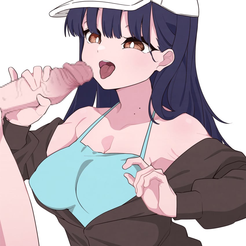 1boy absurdres bare_shoulders black_hair blue_camisole boku_no_kokoro_no_yabai_yatsu breasts bright_pupils brown_eyes brown_jacket camisole censored clothed_female_nude_male commentary female handjob hat highres ichikawa_kyoutarou jacket large_breasts long_hair mekato mole mole_on_neck mosaic_censoring nude off_shoulder open_mouth paid_reward_available penis simple_background solo_focus straight tongue tongue_out upper_body white_background white_hat white_pupils yamada_anna