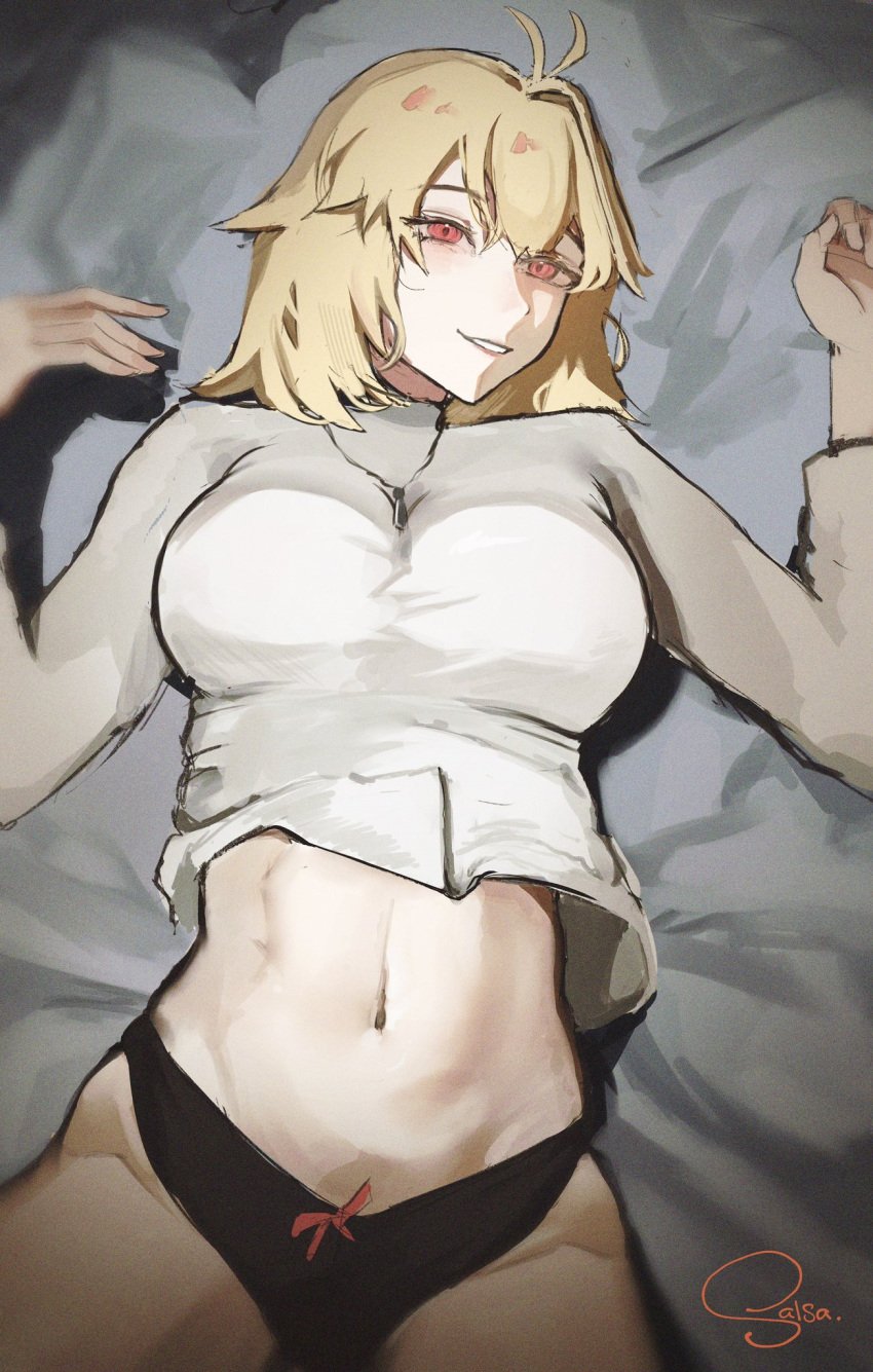 1girls arcueid_brunestud bed belly black_panties blush blushing breasts huge_breasts inviting inviting_to_sex jewelry large_breasts looking_at_viewer lying_on_back lying_on_bed midriff navel necklace no_legwear no_pants panties red_eyes resting seducing short_hair smile thick_thighs thighs tsukihime tsukihime_(remake) tummy vampire vampire_girl