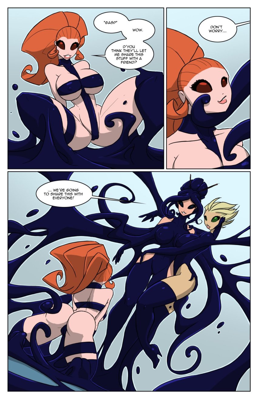 after_transformation ass blonde_hair blue_tentacles breasts colored comic corrupted female green_eyes jolly_jack legs_together long_hair nipples penetration scientist sex short_hair smile spread_legs tentacle tentacles the_goo_(comic) transformation vaginal_penetration wide_hips yuri