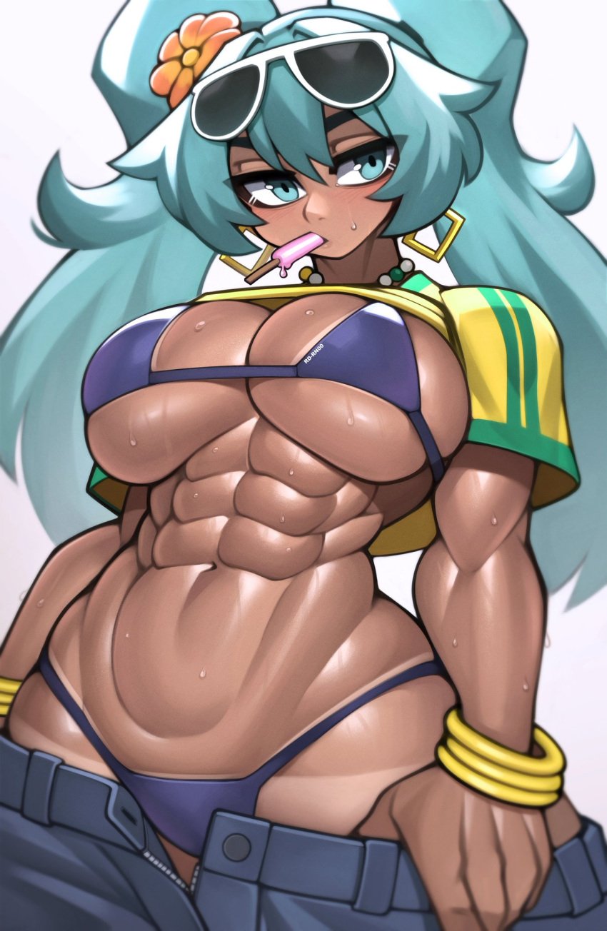 1girls abs bare_arms big_breasts blue_eyes blue_hair bra brazil brazilian brazilian_female brazilian_miku clothed clothing color dark-skinned_female dark_skin eating female female_focus female_only fit_female food hatsune_miku hi_res large_breasts latina long_hair looking_at_viewer muscles muscular muscular_arms muscular_female panties popsicle roadi3 solo solo_female sunglasses sweat tagme thick_thighs vocaloid