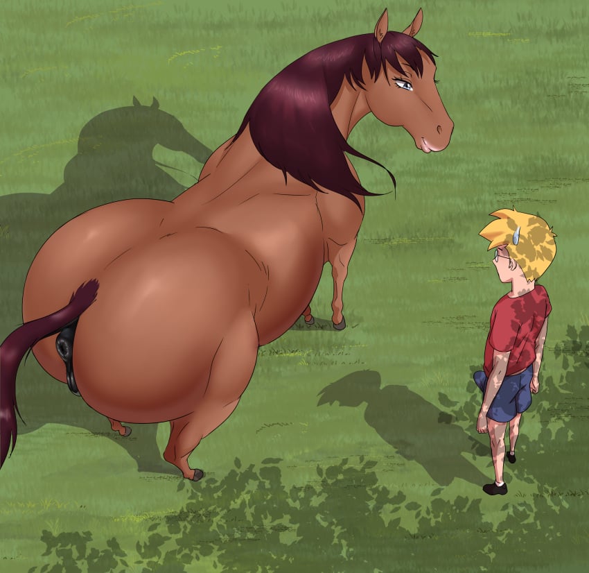 2d 2d_(artwork) big_ass big_butt big_thighs brown_skin crotch digital_media_(artwork) equid equine_pussy feral grass hard_penis highres horny_male horse horse_girl huge_ass interspecies light-skinned_male lipstick male_human/female_feral mare mare_pussy mating_season nikuyoku non-web_source original original_artwork outdoors seductive_look standing thick_ass zoophilia