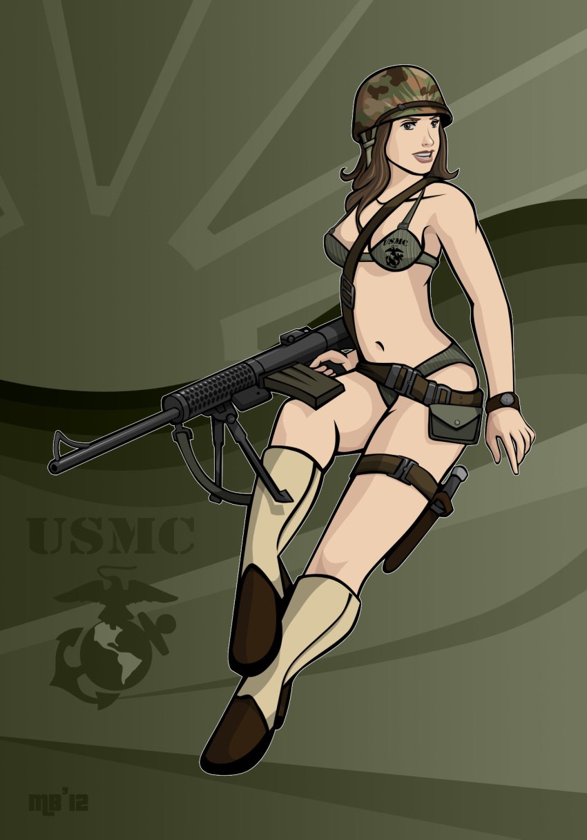 angry_birds armor beige_skin boots breasts brown_eyes brown_hair color female female_only footwear front_view gun hair helmet human open_eyes orange_bird rule_63 solo weapon