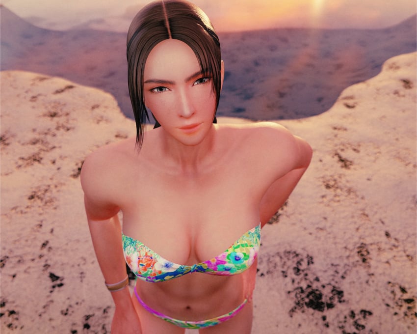 3d athletic_female big_breasts bikini braided_hair brown_eyes brown_hair cleavage clothing female forsavide julia_chang namco tekken tekken_7 twin_braids