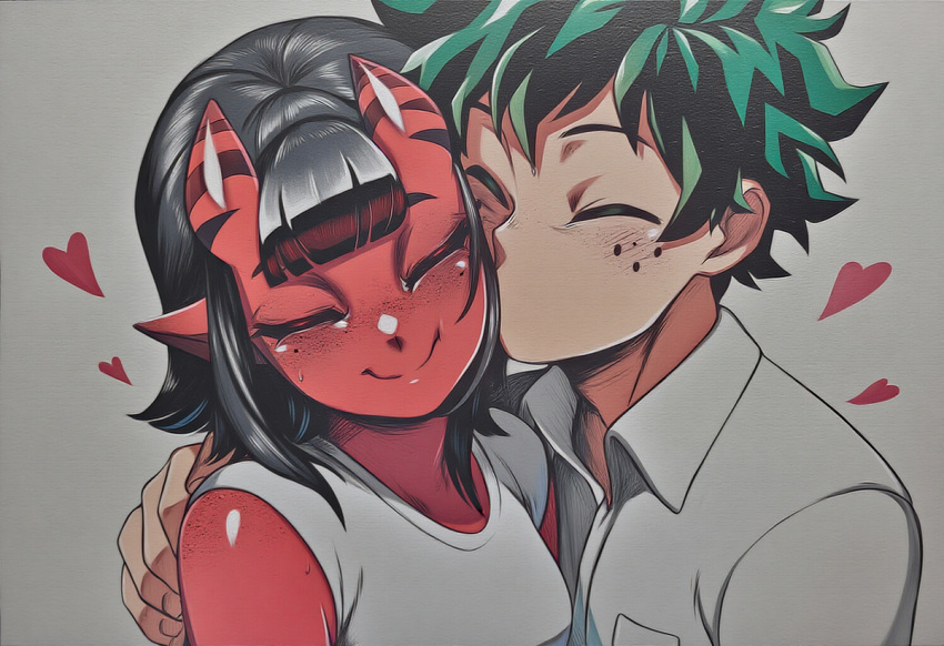 1boy 1boy1girl affectionate ai_generated boku_no_hero_academia caress couple crossover_pairing deku demon_girl dreson female hug izuku_midoriya kissing kissing_cheek love male/female meru_(merunyaa) my_hero_academia no_sex romantic_ambiance romantic_couple straight succubus