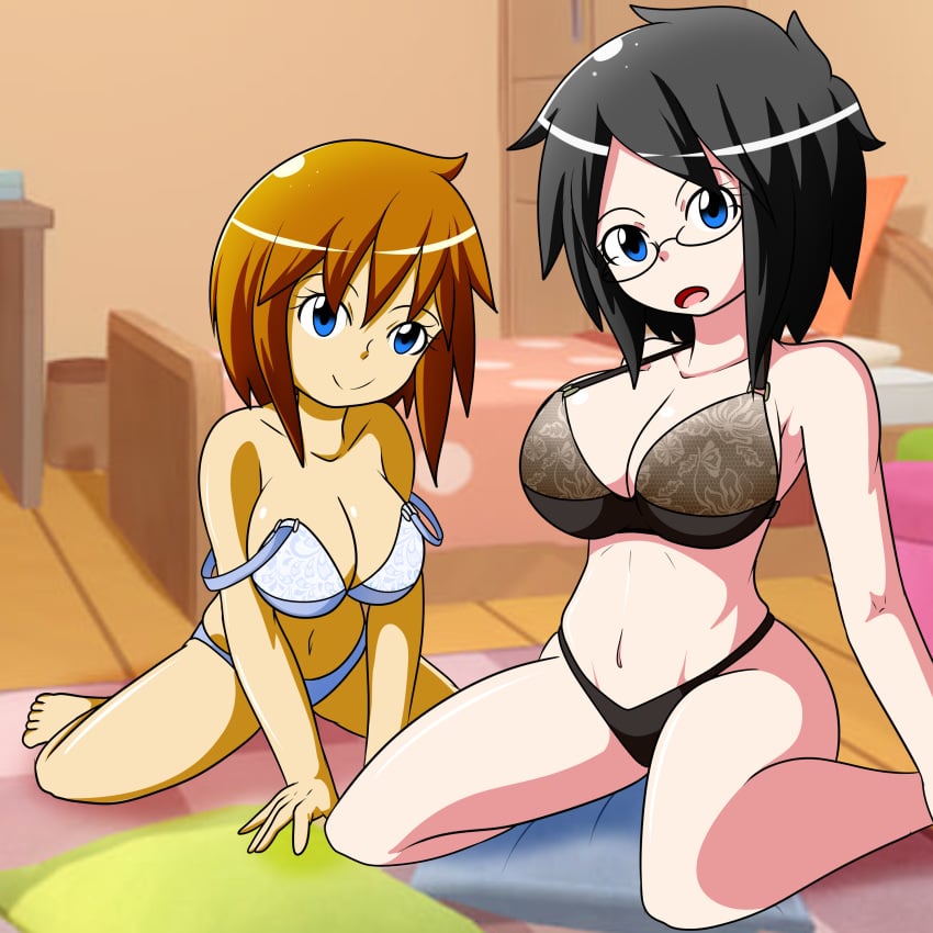 2girls bikini black_hair blue_eyes bra brown_hair cleavage davidsillo123 hikari_(davidsillo123) kimy_(davidsillo123) underwear