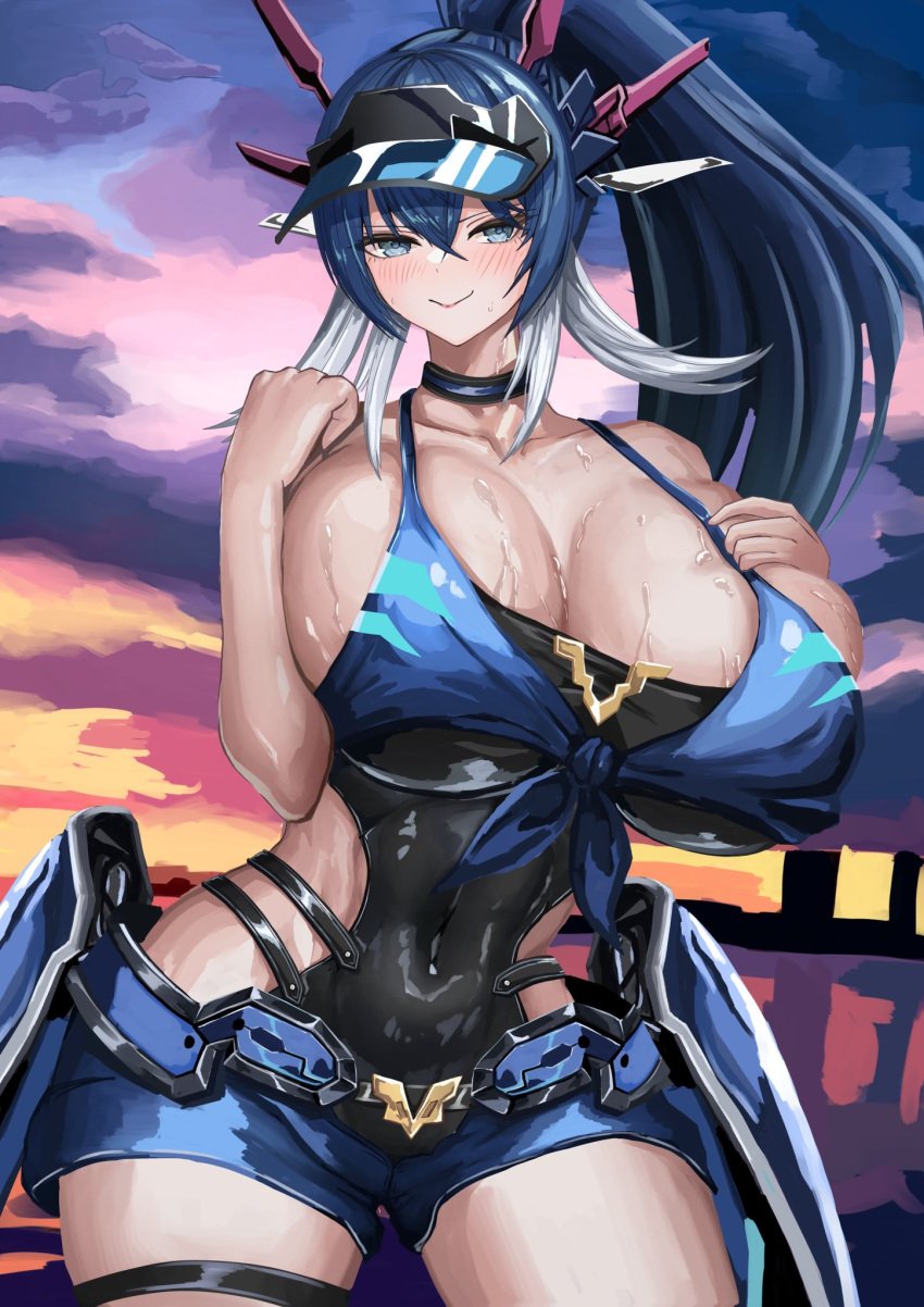 arms_up belt curvy dragon_girl duel_masters duel_masters_play's gijinka hand_on_breast huge_breasts one-piece_swimsuit personification plump q.e.d._(duel_masters) q.e.d._(duel_masters_play's) smile voluptuous wet