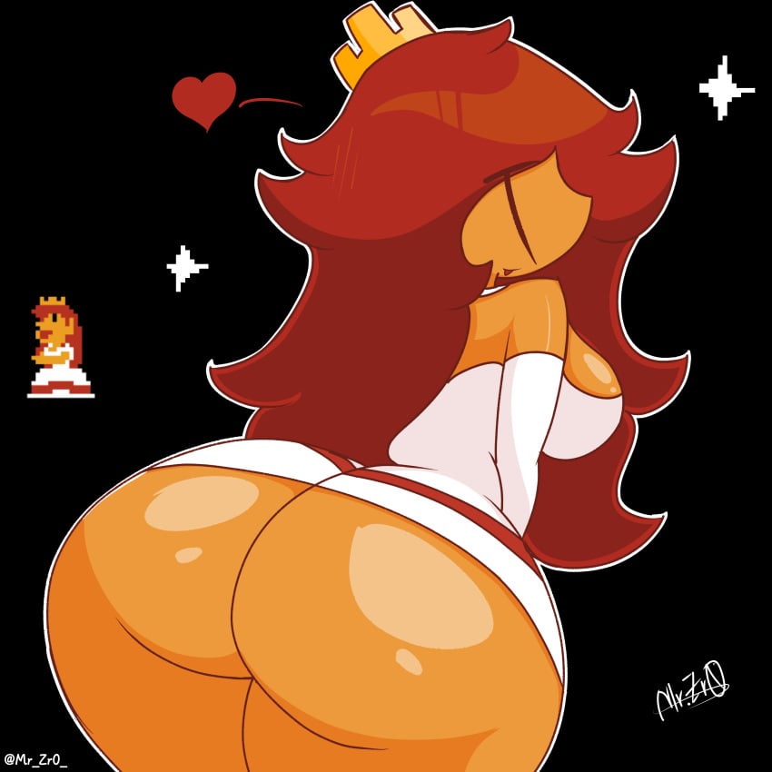 1girls ass ass_focus back_view big_ass big_butt mario_(series) mr.zr0 nintendo princess_peach princess_peach_sprite_redraw_(meme) princess_toadstool red_hair red_head short_dress sideboob super_mario_bros._(nes)