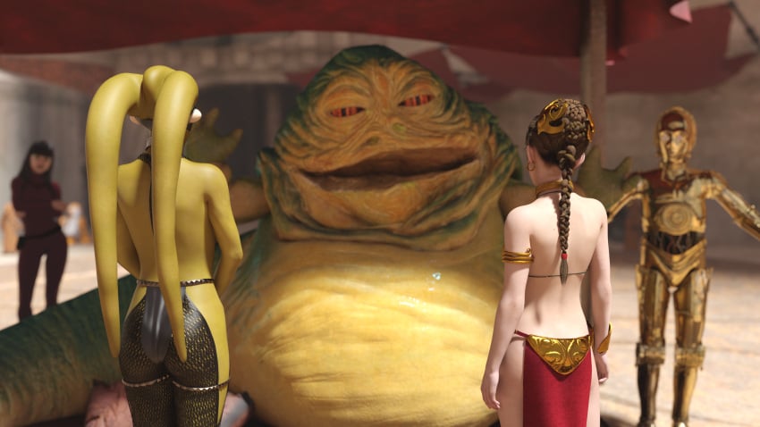 3d 3girls alexbridger belly_dancer belly_dancer_outfit bodysuit braided_hair brown_hair c-3po femsub fishnets green_skin harem harem_girl harem_outfit hutt jabba&#039;s_palace jabba_the_hutt loincloth long_hair melina_carniss oola princess_leia_organa rear_view slave slave_bikini slave_collar slave_leia slave_outfit slavegirl star_wars submissive_female twi&#039;lek