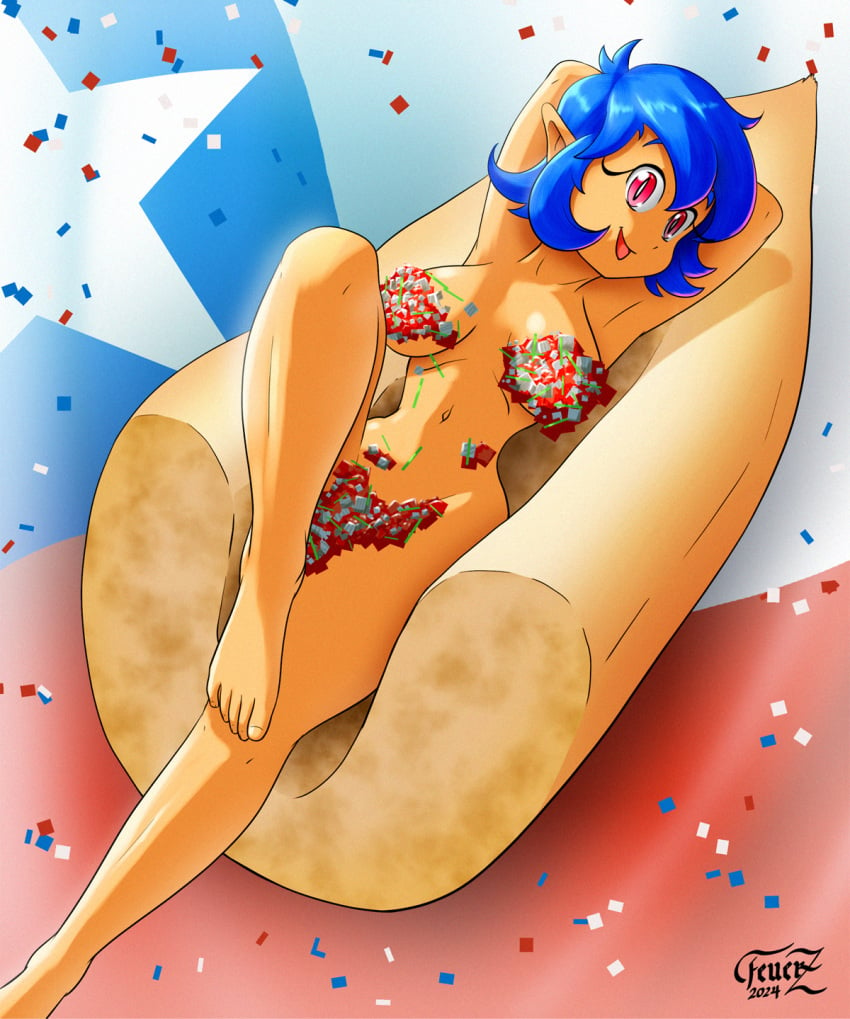 1girls big_breats blue_hair chile ears emi_(twistedgrim) feuerz large_breasts laying_down looking_at_viewer nude orange_skin pink_eyes self_upload smiley_face tongue tongue_out