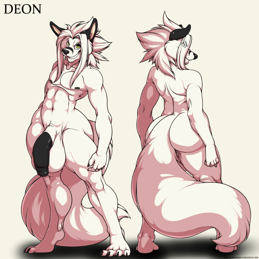 1:1 2015 abs anthro ass balls big_balls big_penis black_body black_ears black_fur black_penis canid canine canis deon_(deonwolf) deonwolf digital_media_(artwork) english_text fur genitals hi_res male mammal model_sheet navel nude pecs penis solo text white_body white_fur wolf yellow_eyes