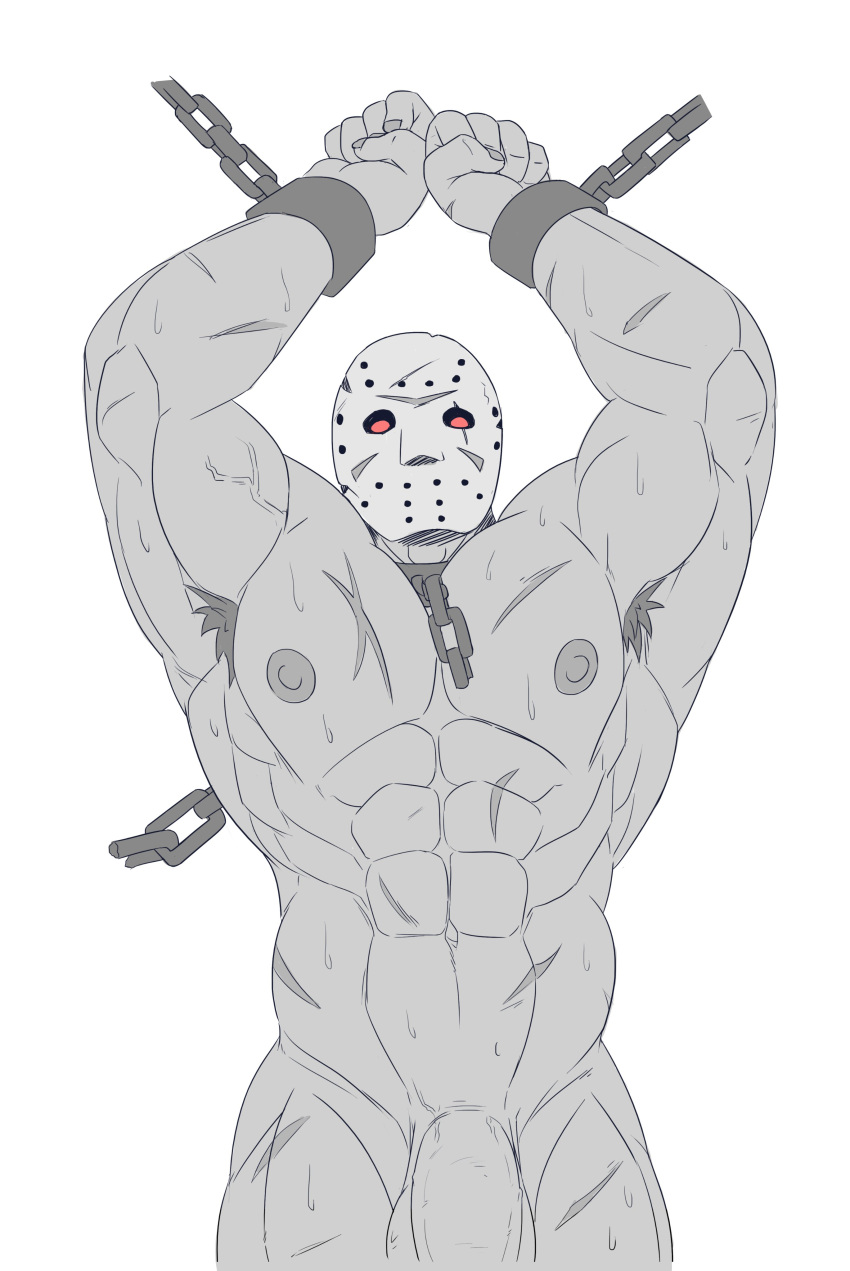 armpit armpit_hair armpits arms_up balls bara big_penis chained_wrists flaccid friday_the_13th gizellefluff hockey_mask jason_voorhees male male_only mask monochrome muscles muscular nude penis scars solo solo_male sweat sweating