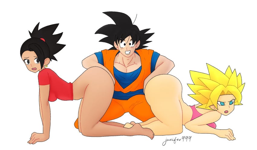 1boy 2girls ass black_hair blonde_hair caulifla dark-skinned_female dark_skin doggy_style dragon_ball dragon_ball_super female female_sub fingering group_sex interracial kale kale_(dragon_ball) male masturbation multiple_girls orgy son_goku straight submission