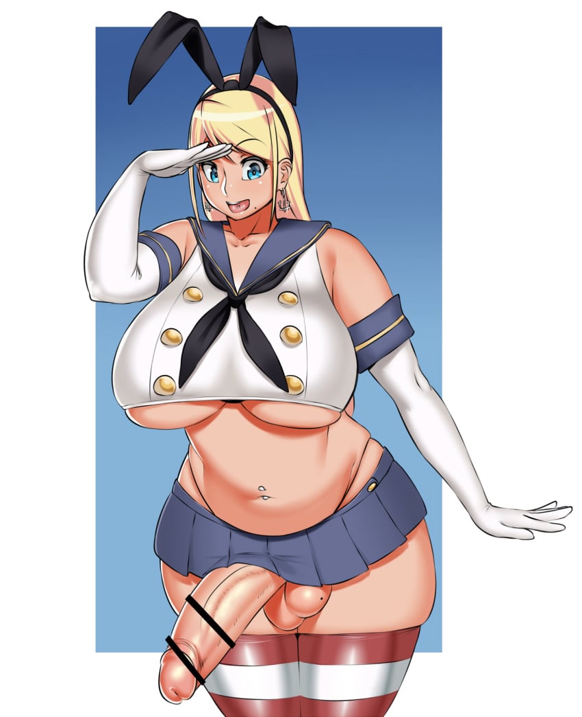 1futa ageha_(burakku-ra) anchor_earrings balls bar_censor bare_shoulders bimbo blonde_hair blue_eyes breasts bunny_ears burakku-ra busty censored earrings elbow_gloves full-package_futanari futa_only futanari gloves hairband highleg huge_breasts intersex kantai_collection large_penis long_hair looking_at_viewer microskirt mole mole_on_balls navel navel_piercing open_mouth penis penis_under_skirt pleated_skirt plump sailor_collar sailor_uniform shimakaze_(kantai_collection) shimakaze_(kantai_collection)_(cosplay) skindentation skirt smile solo striped striped_legwear testicles thick_thighs thighhighs thong tongue tongue_piercing underboob voluptuous whale_tail wide_hips