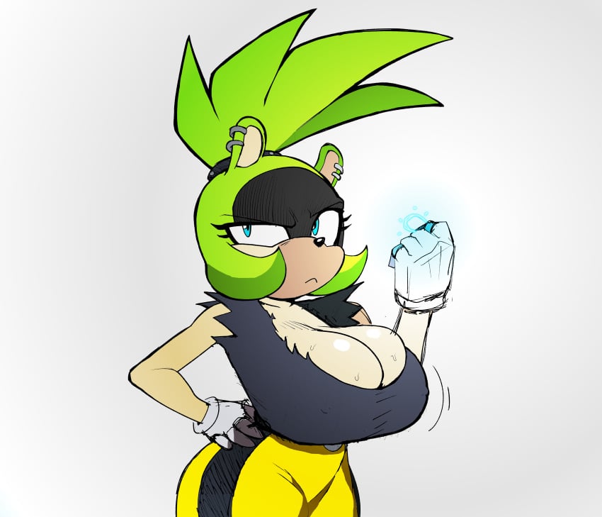 1girls anthro anthro_only big_breasts blue_eyes breasts busty cleavage clothing color electricity female female_focus female_only furry gloves green_body green_fur huge_breasts large_breasts pseudocel shaded sketch sketchcolor solo solo_female solo_focus sonic_(series) surge_the_tenrec wide_hips yellow_pants