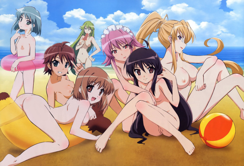 aqua_eyes artist_request ball banana beach black_hair blonde_hair blue_hair blue_sky breasts brown_eyes brown_hair eating female food fruit glasses green_hair hecate innertube innie_pussy margery_daw multiple_girls nude nude_filter ocean ogata_matake orange_eyes outdoors pheles photoshop pink_hair shakugan_no_shana shana sky squid uncensored wilhelmina_carmel yoshida_kazumi