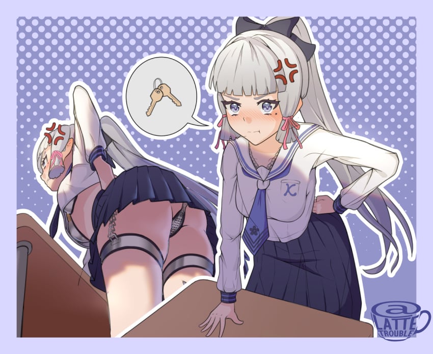 1girls anger_vein angry blue_eyes bow_in_hair breasts chastity chastity_belt chastity_bra chastity_device chastity_key desk female_chastity genshin_impact grey_hair hand_on_desk hand_on_hip hime_cut kamisato_ayaka key lattetrouble looking_at_viewer medium_breasts mole mole_under_eye ponytail pout school_desk school_uniform thigh_cuffs upskirt