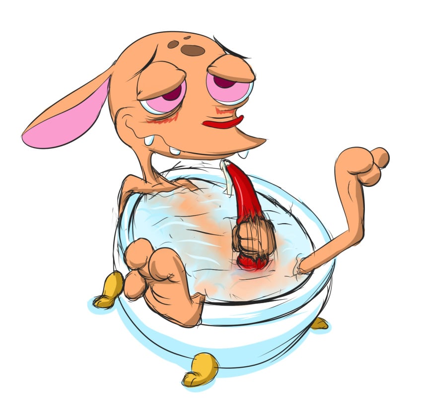 animal anthro bath blush canine chihuahua closed_mouth color furry male male_only masturbation nickelodeon nude open_eyes penis pink_eyes ren_and_stimpy ren_hoek sitting solo uncensored white_background