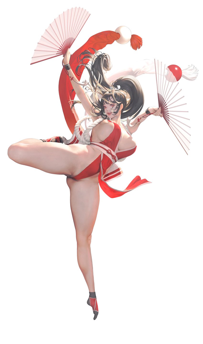 absurdres black_legwear breasts cleavage fan fatal_fury female highres hyulla large_breasts mai_shiranui ponytail revealing_clothes solo thick_thighs thighs white_background